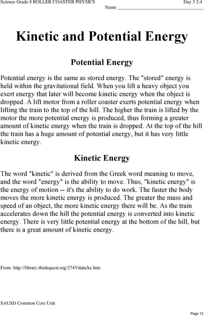 Potential Energy Worksheet 5th Grade