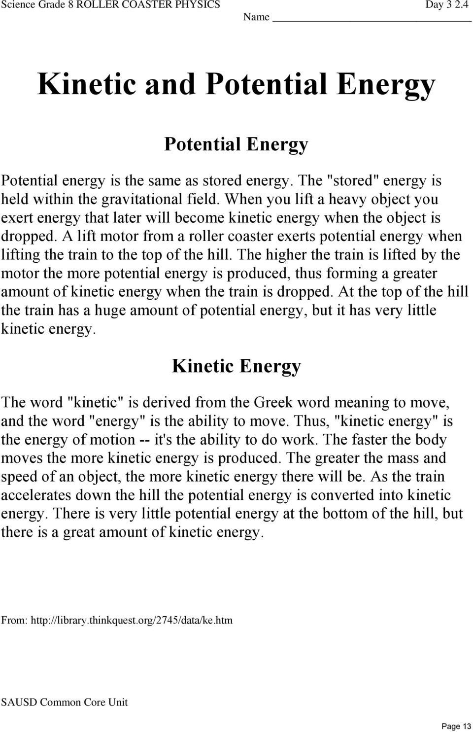 Potential Energy Worksheet 5th Grade