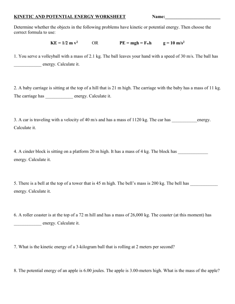 Potential Or Kinetic Energy Worksheet