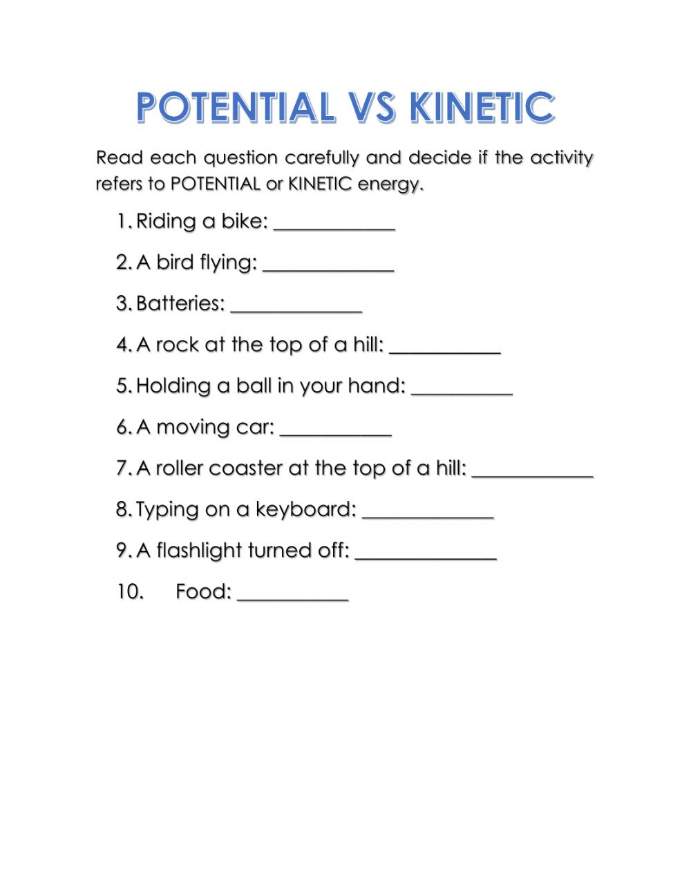 Potential Vs Kinetic Worksheet