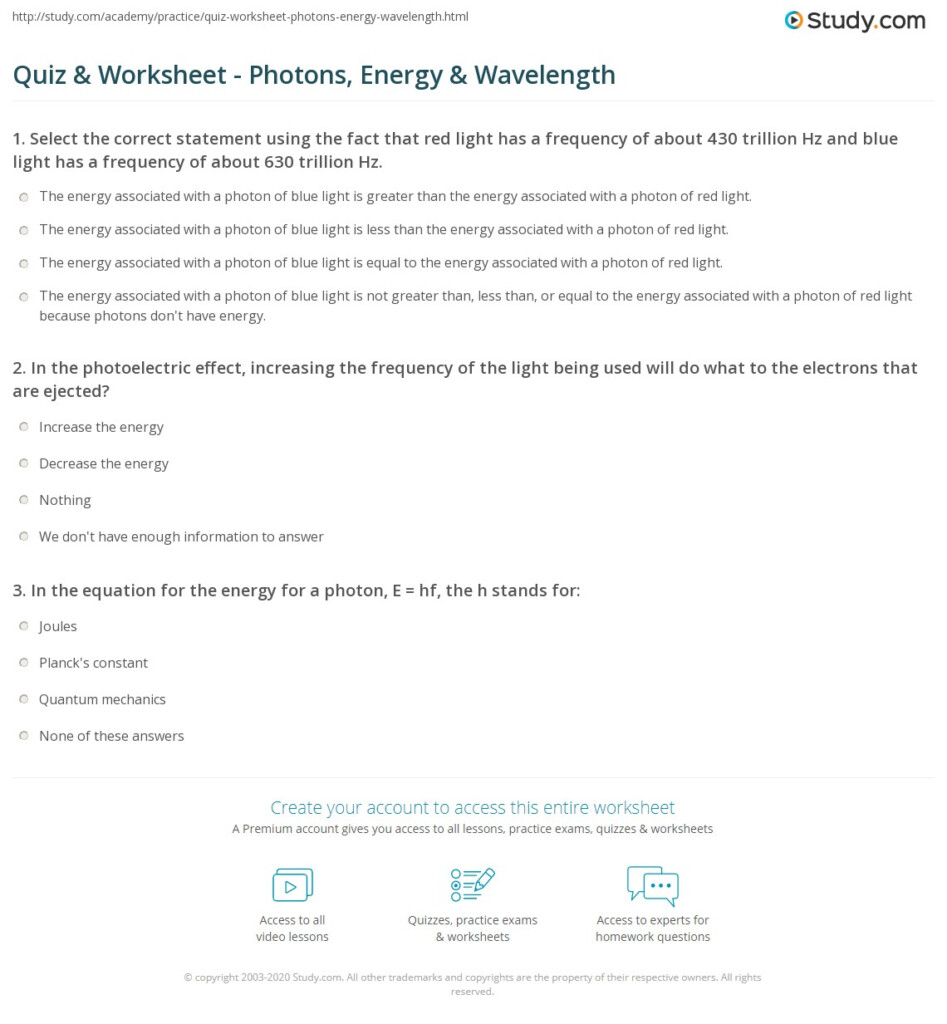 Quiz Worksheet Photons Energy Wavelength Study
