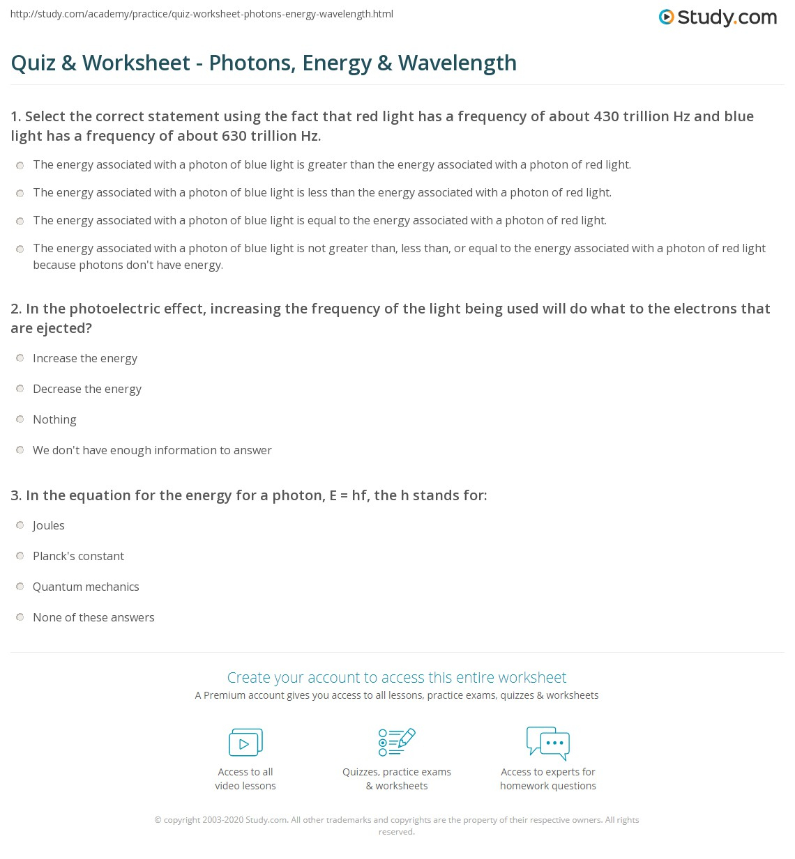 Quiz Worksheet Photons Energy Wavelength Study