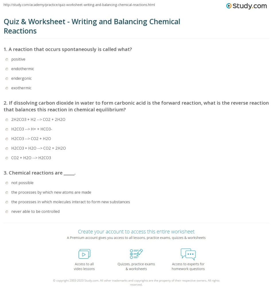 Quiz Worksheet Writing And Balancing Chemical Reactions Study