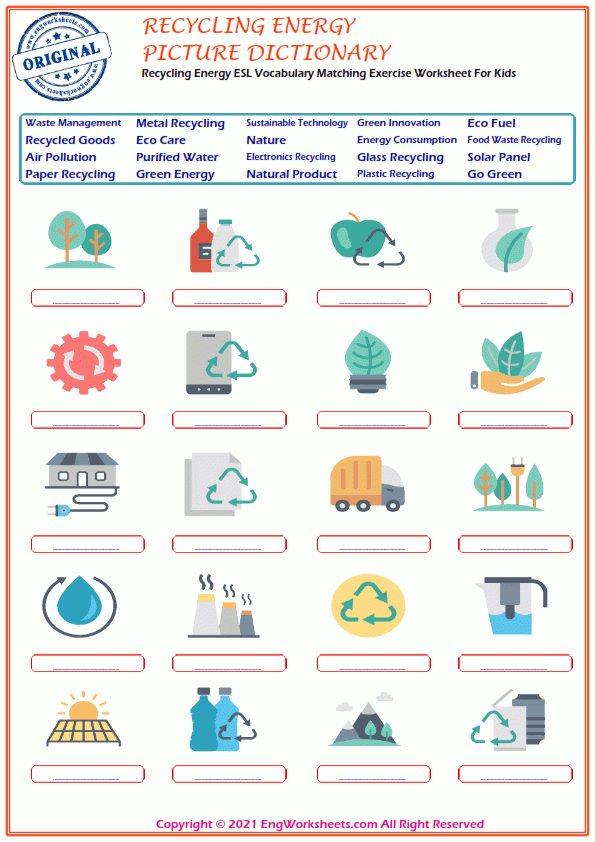 Recycling Energy Printable English ESL Vocabulary Worksheets