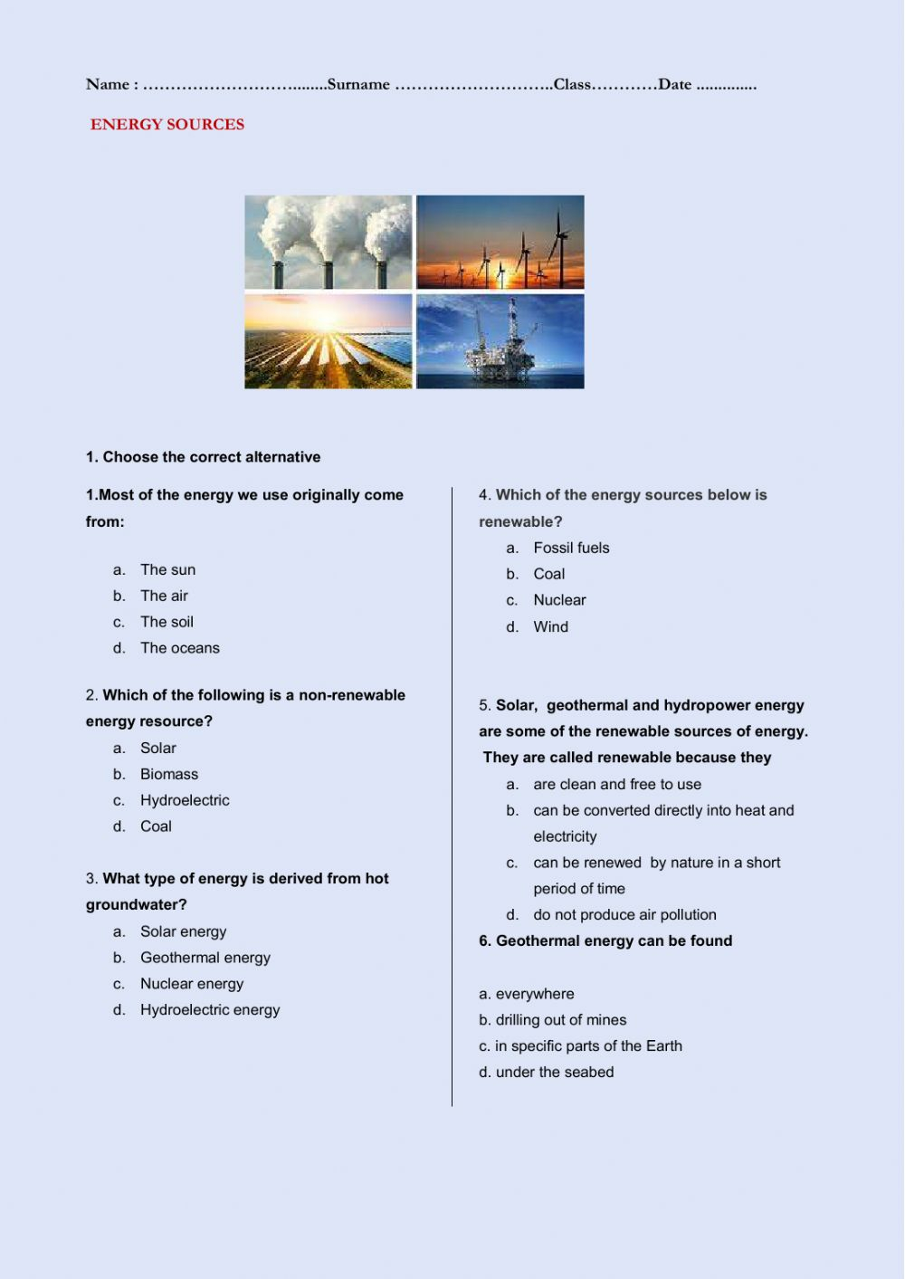 Renewable And Non renewable Energy Sources And Solar Energy Worksheet