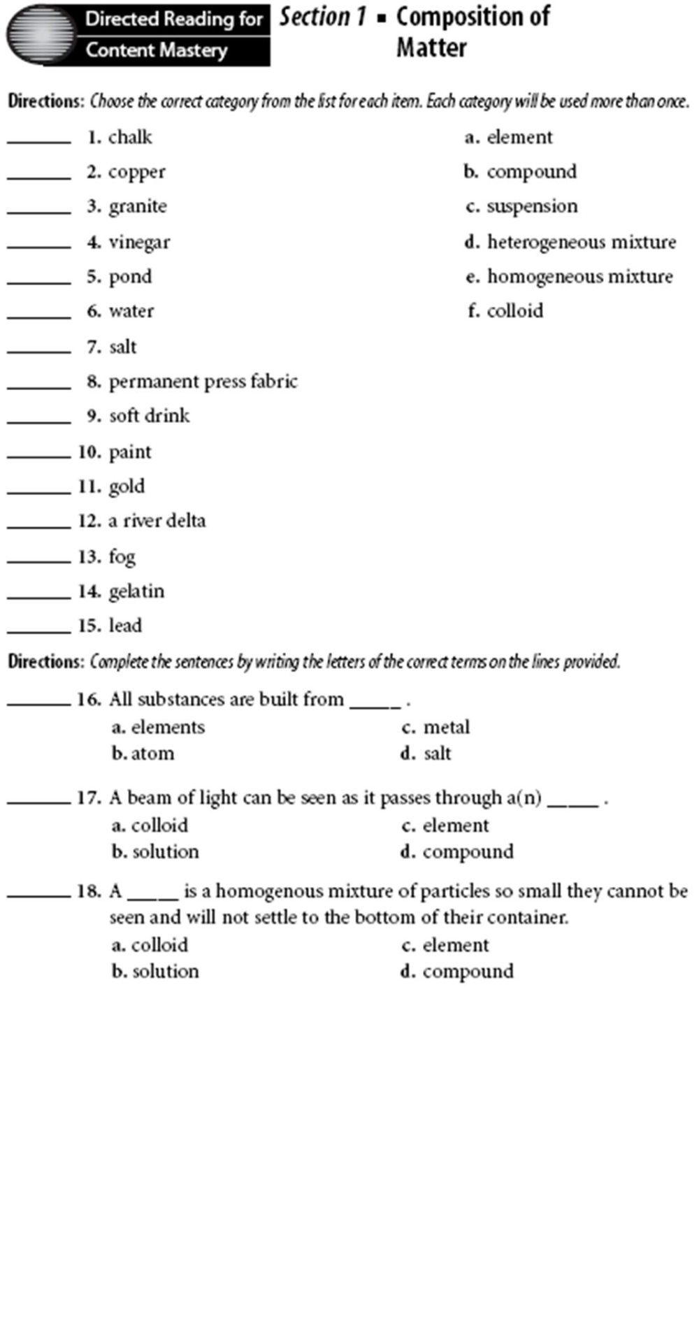 Section 1 Composition Of Matter Worksheet Answers Worksheet