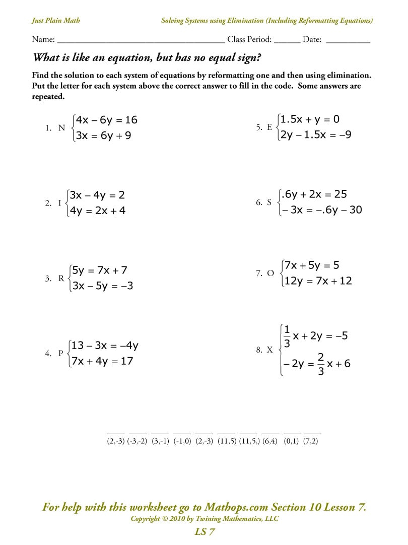 System Of Linear Equation Worksheets