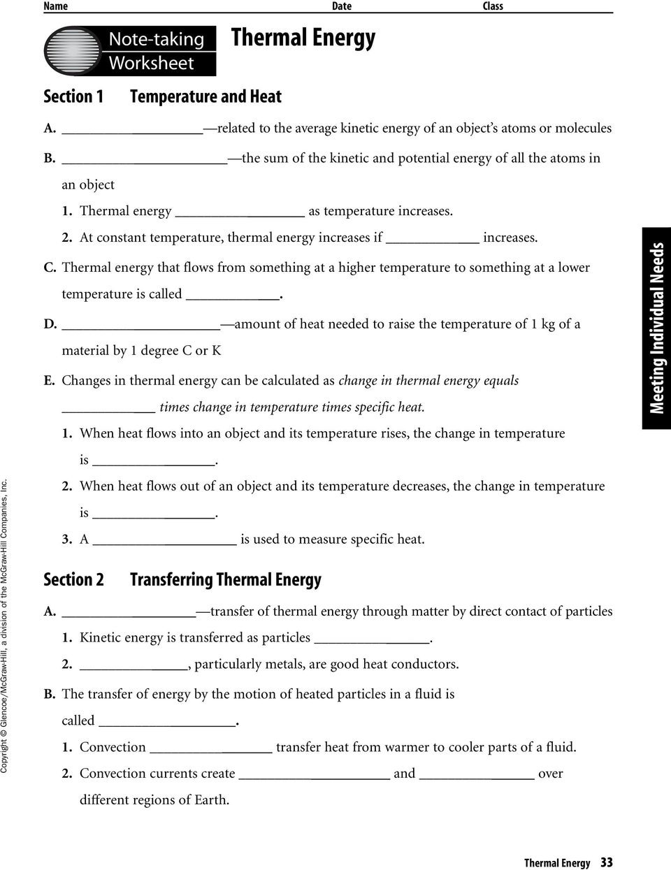 Thermal Energy Note Taking Worksheet Answers Db excel