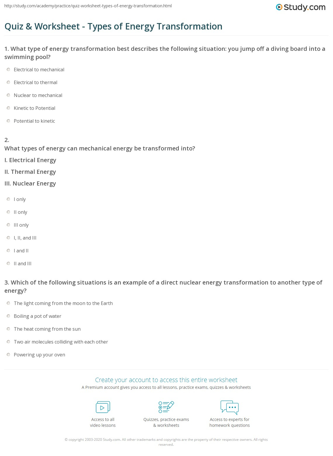 Types Of Energy Worksheet Answers