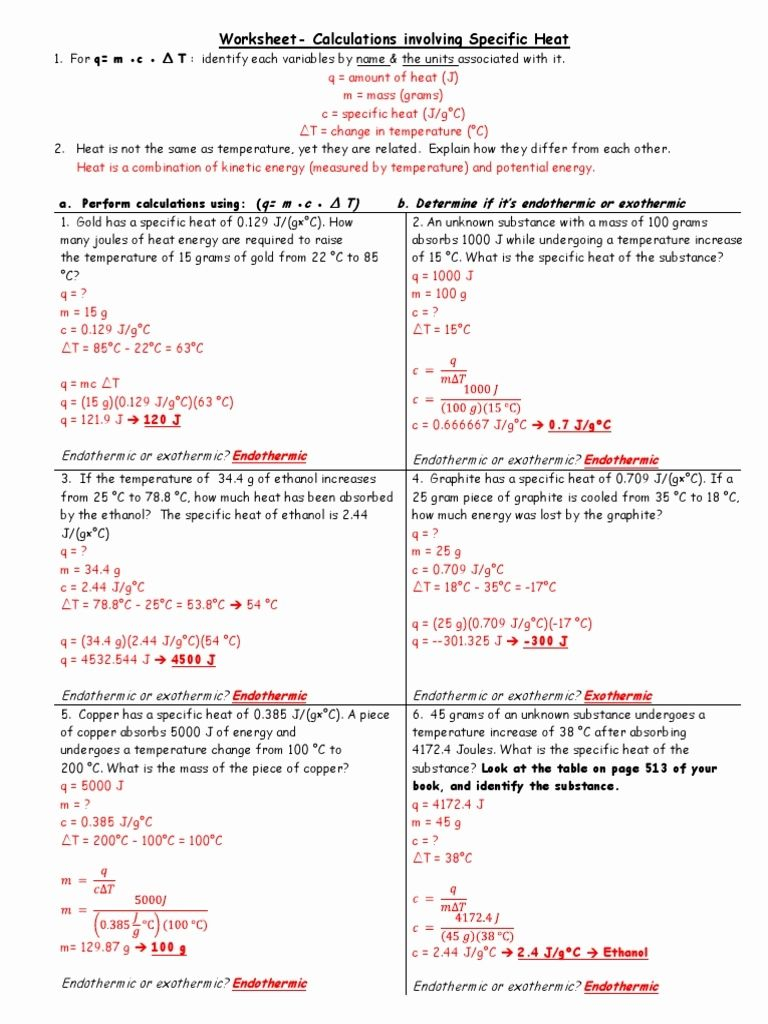 Worksheet Calculations Involving Specific Heat Answer Key 