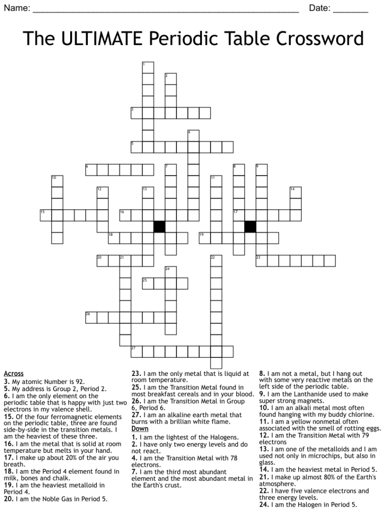 Worksheet Periodic Table Crossword Puzzle Answer Key The Ultimate 