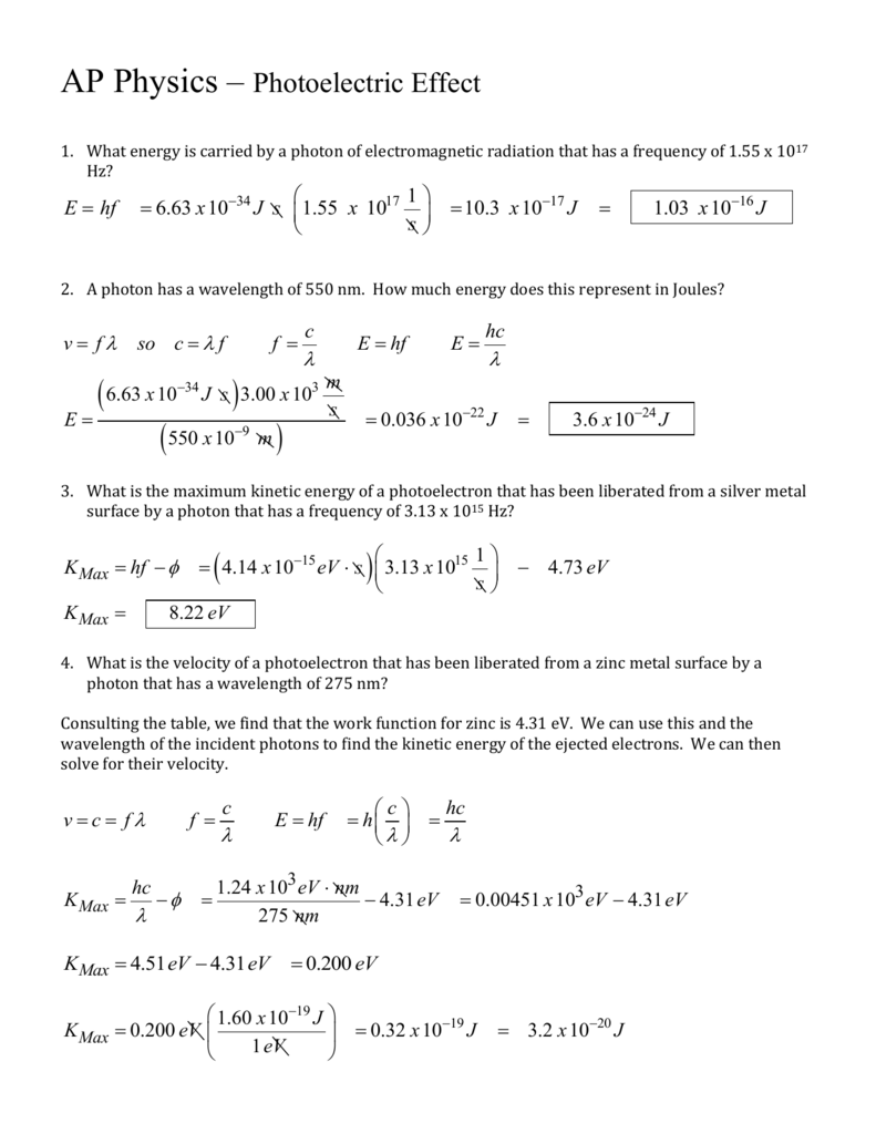 Worksheet The Photoelectric Effect Key 