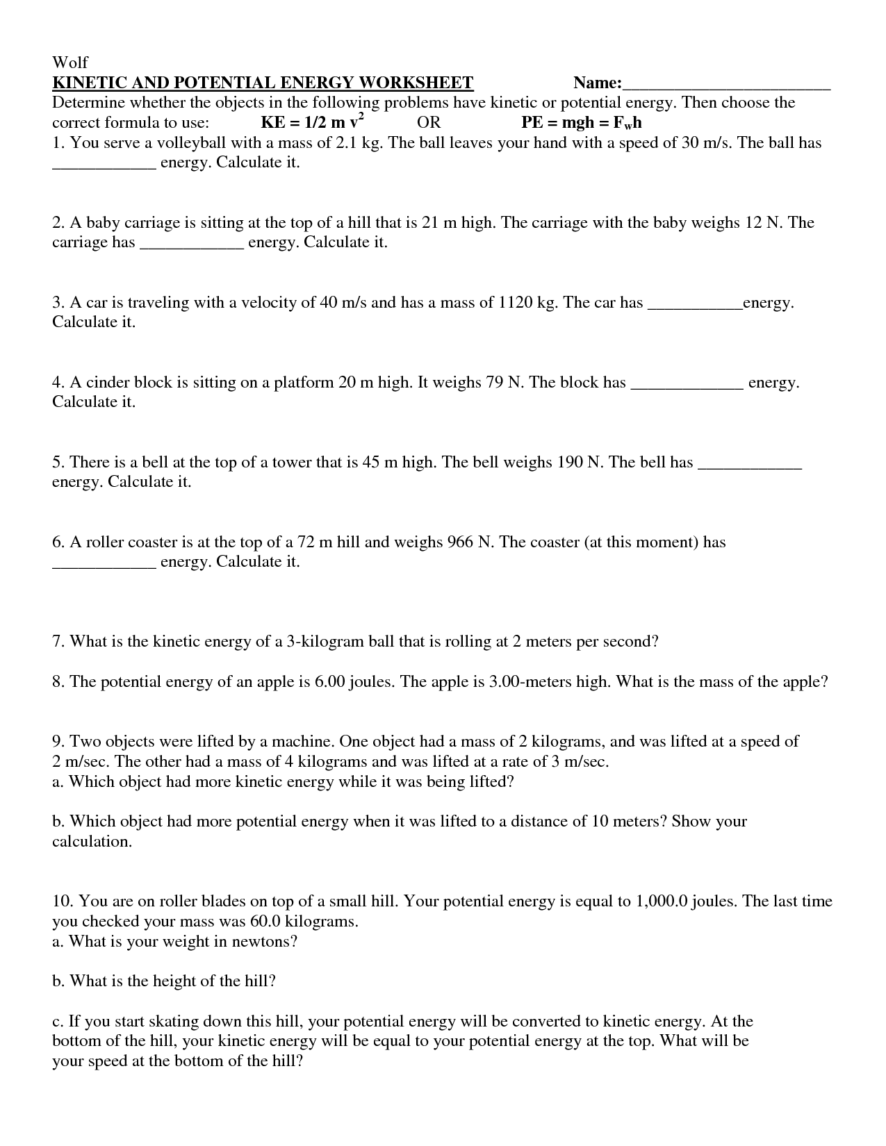 15 Potential Energy Worksheets With Answer Key Worksheeto