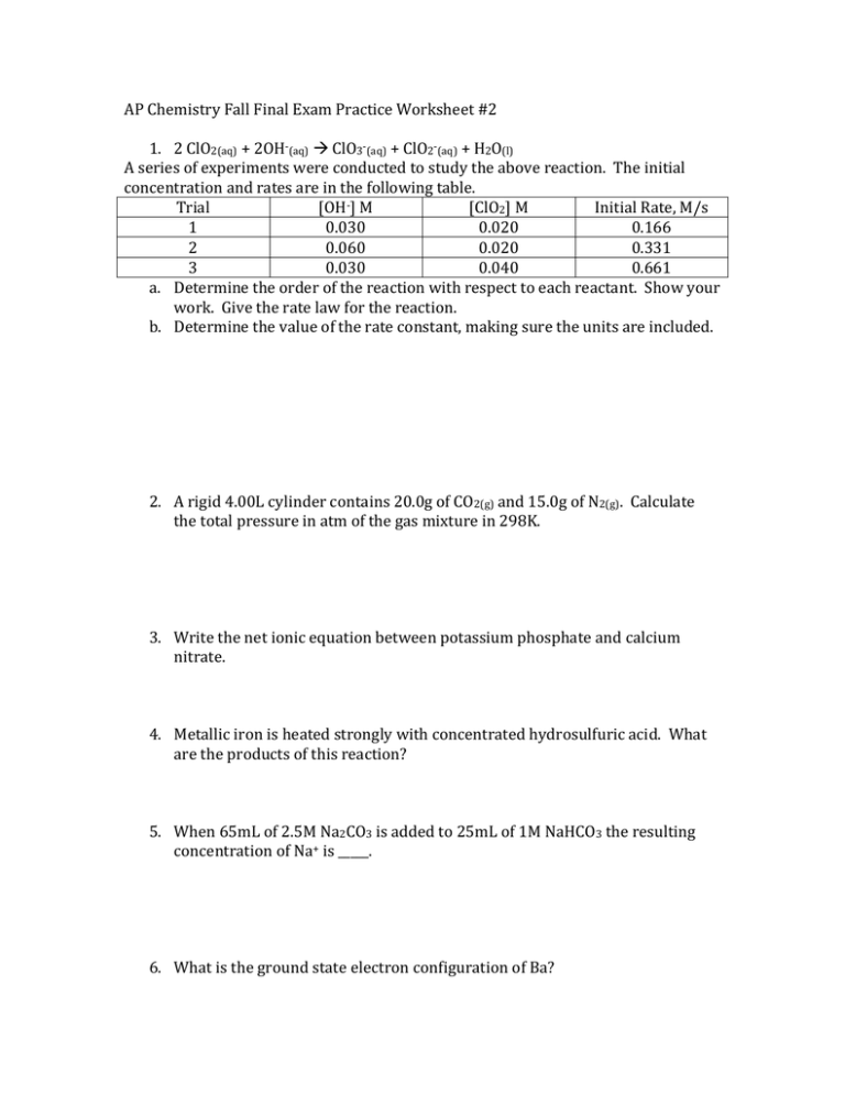 AP Chemistry Fall Final Exam Practice Worksheet 2