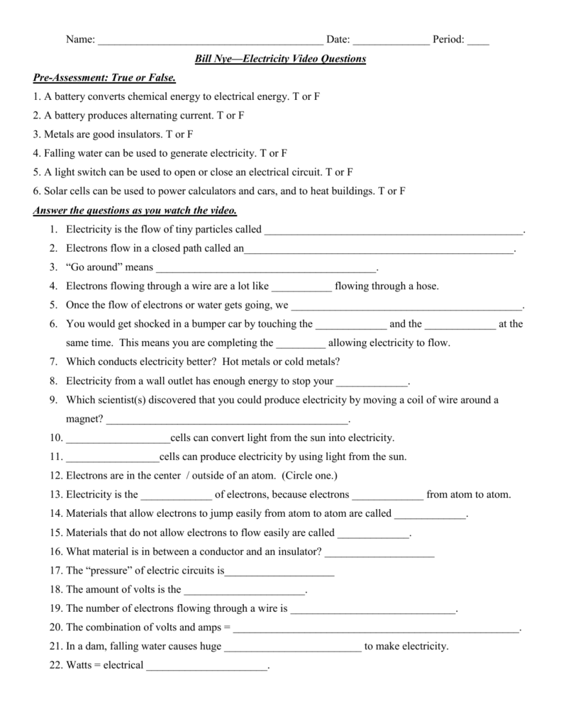 Bill Nye Electricity Worksheet Answers