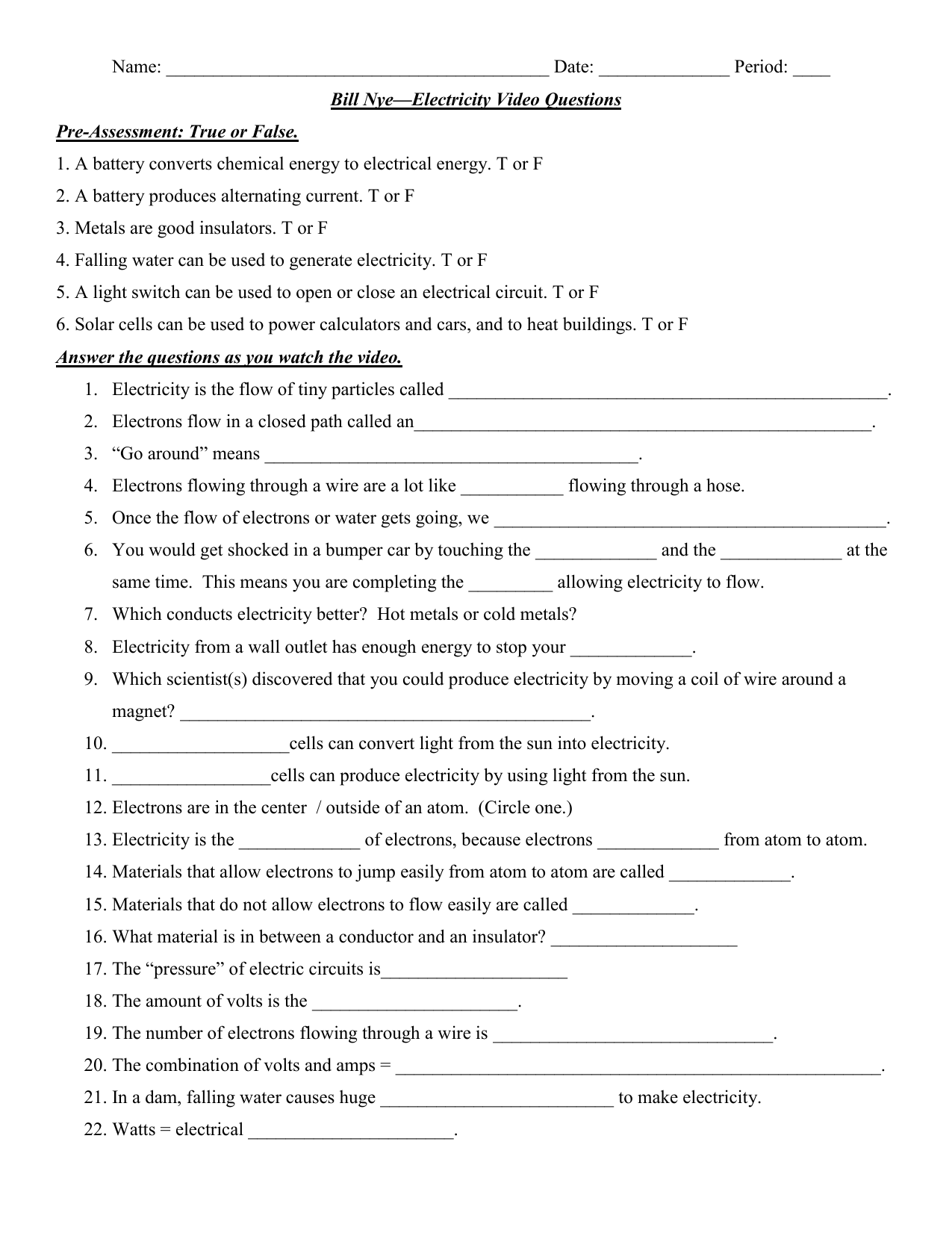 Bill Nye Electricity Worksheet Answers