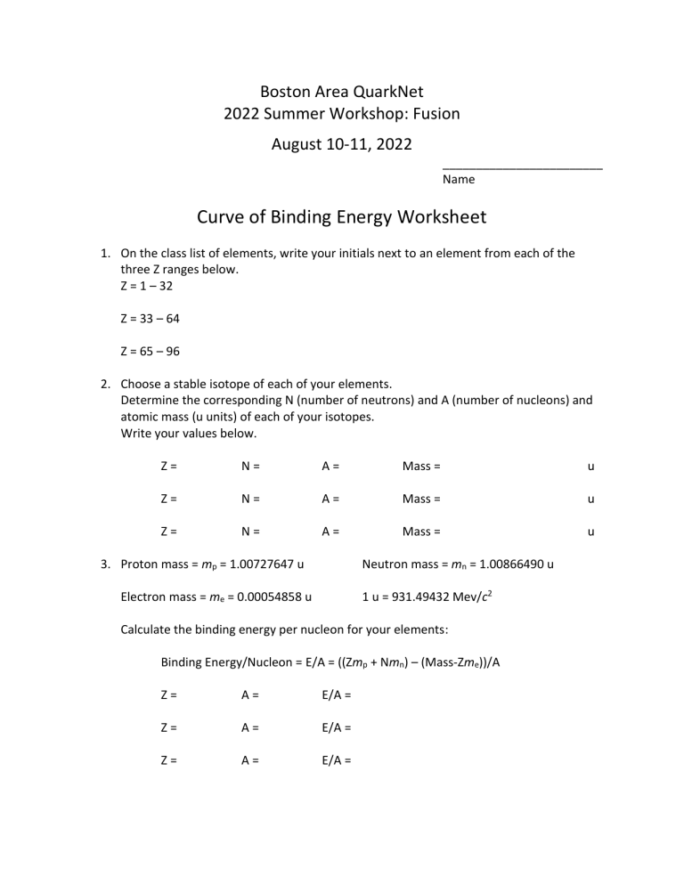 Binding Energy Worksheet