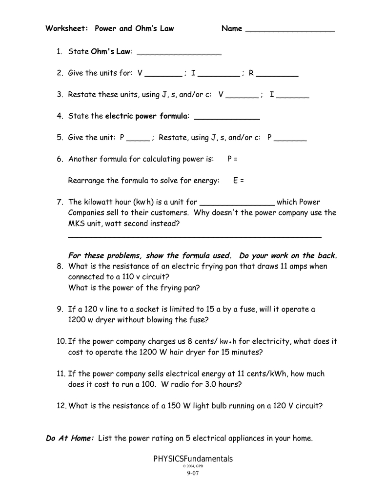 Calculating Electrical Energy And Cost Worksheet Answers Db excel