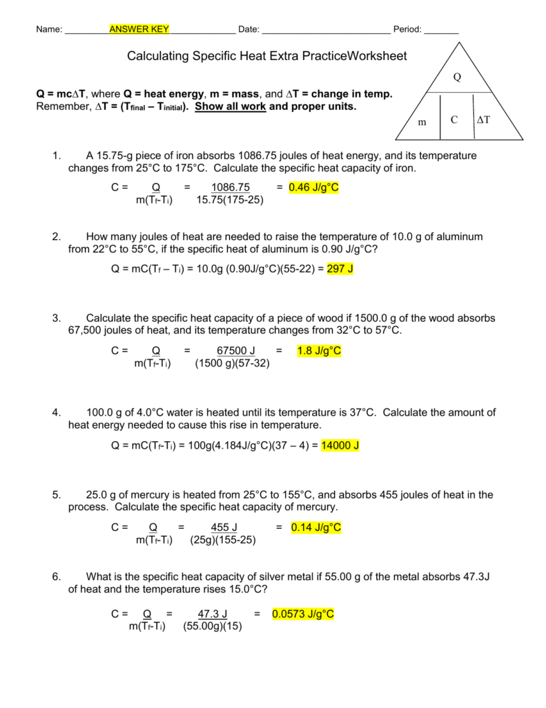 Calculating Specific Heat Worksheet