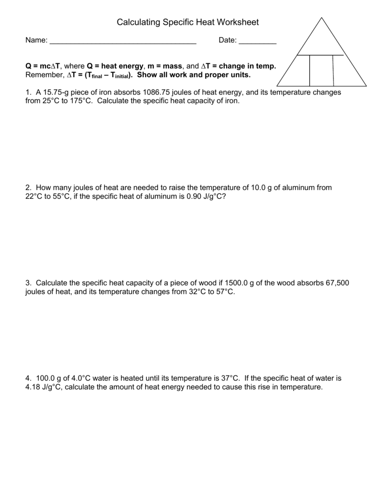 Calculating Specific Heat Worksheet