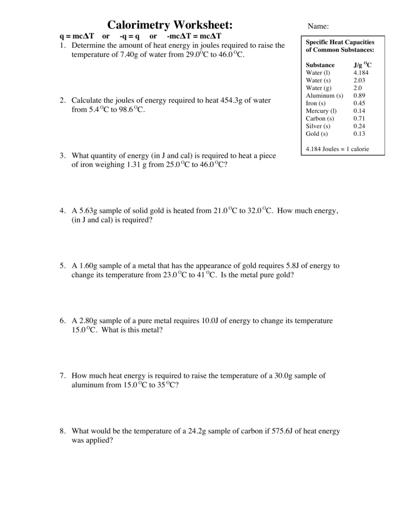 Calorimetry Worksheet Answer Key