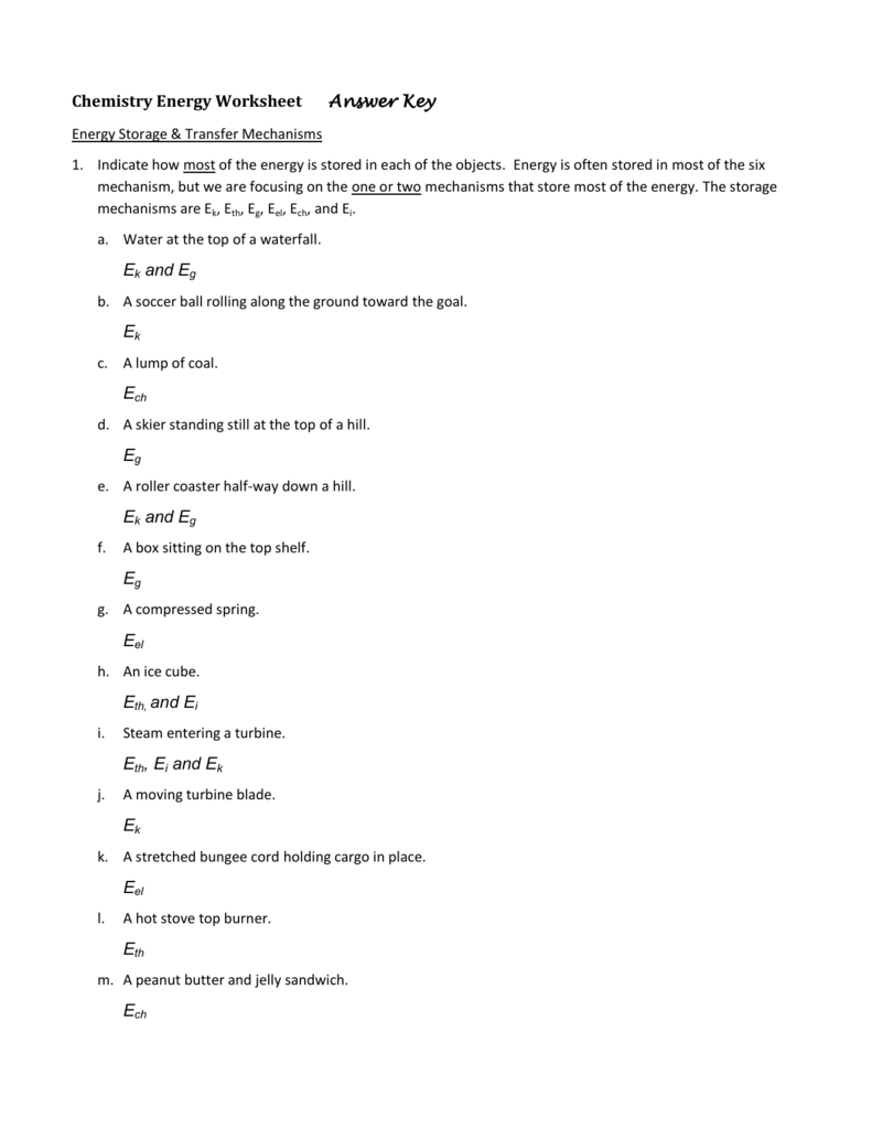 Chemistry Energy Worksheet Answer Key