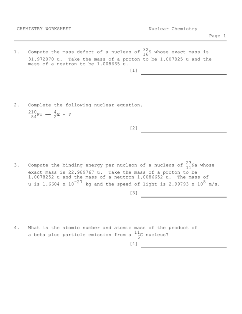 CHEMISTRY WORKSHEET Nuclear Chemistry Page 1 32 1