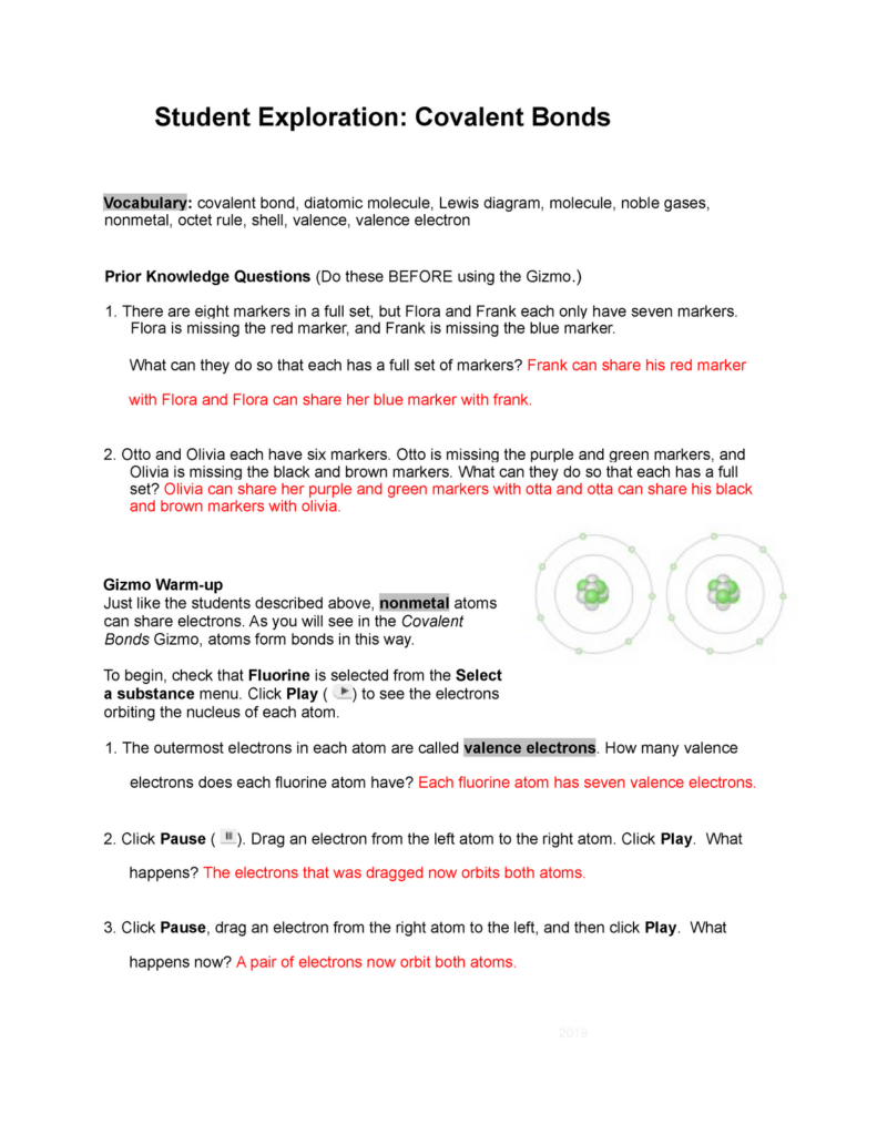 Covalent Bonds Assignment Answer Key Student Exploration Covalent 