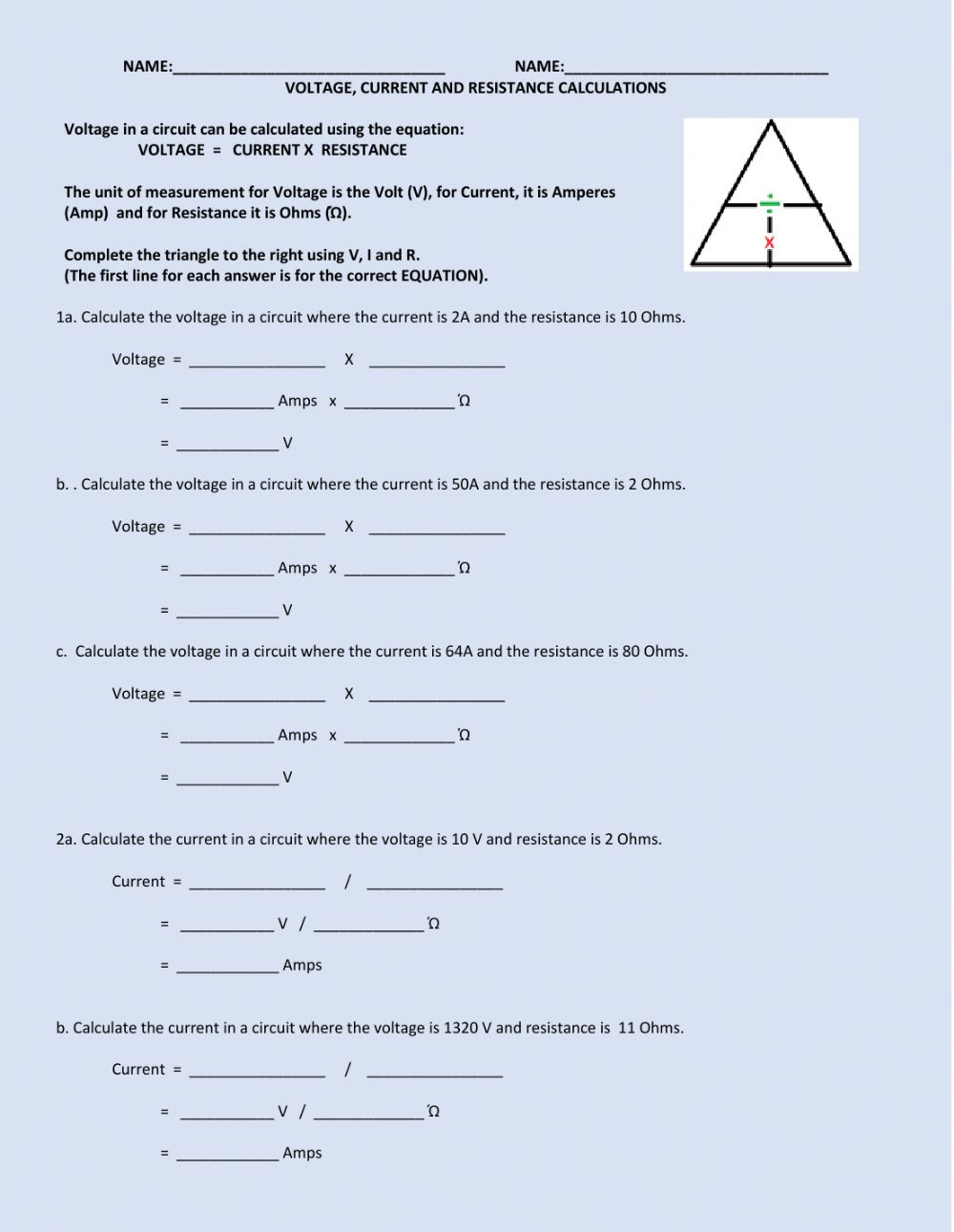 Current Voltage And Resistance Worksheet