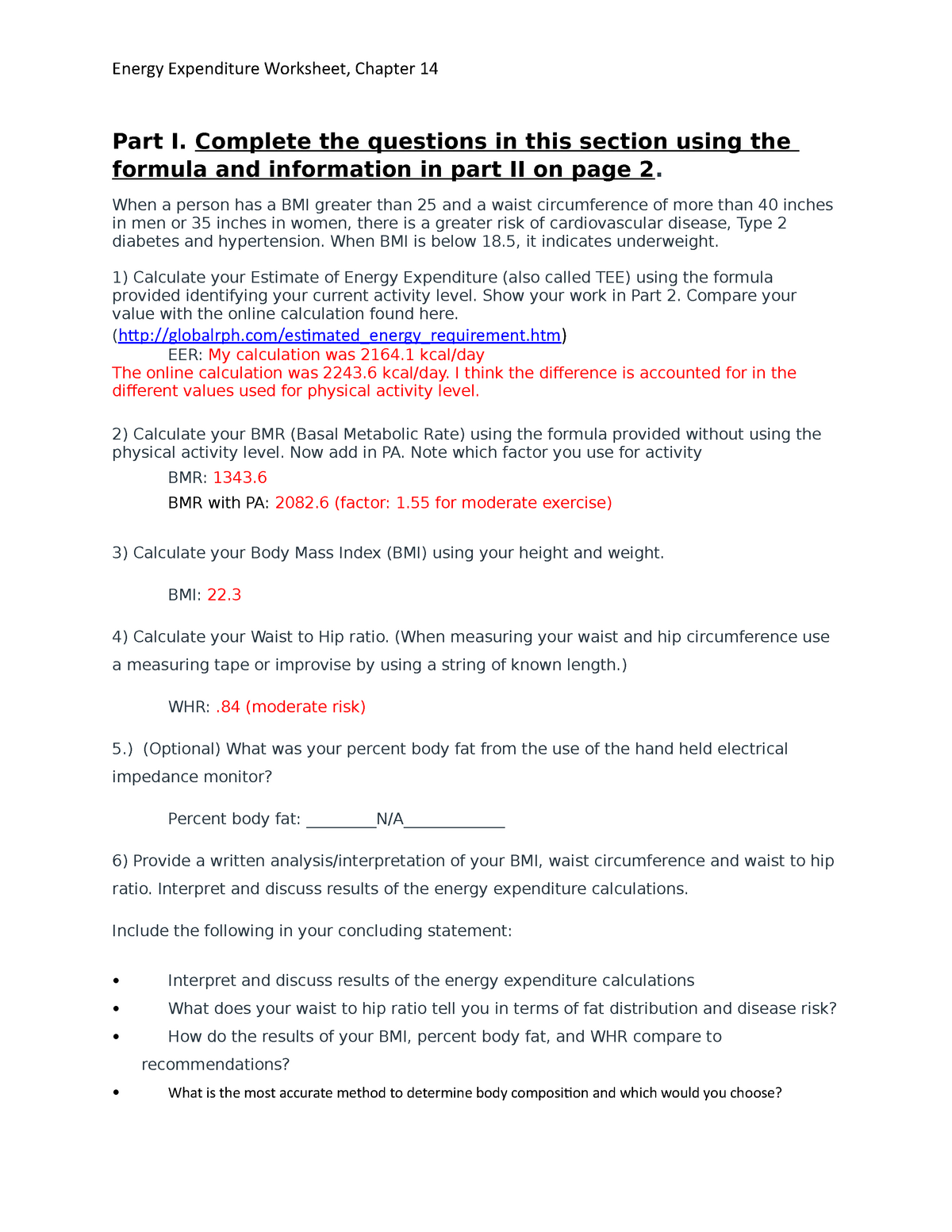 Energy Expenditure Worksheet Copy Part I Complete The Questions In