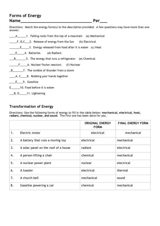 Energy Forms And Transfer Answer Key Template Printable Pdf Download