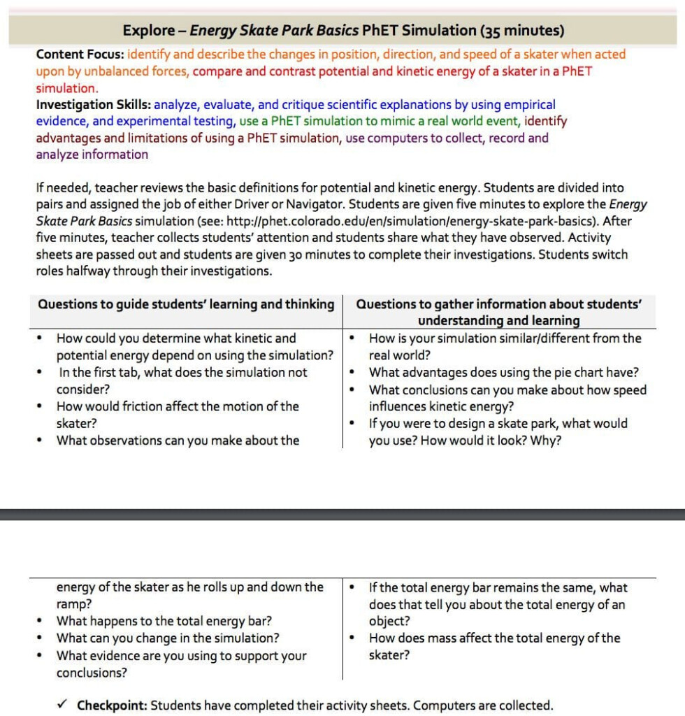 Energy Skate Park Worksheet Answers Db excel