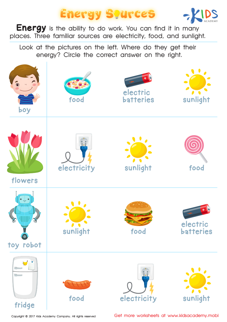 Energy Sources Printable Free Practice Physical Scince PDF For Kids