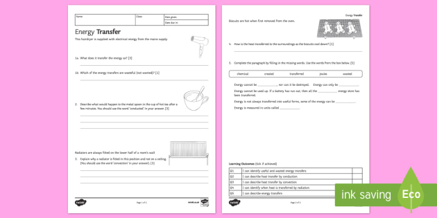 Energy Transfer Worksheet KS3 Science Resources Twinkl