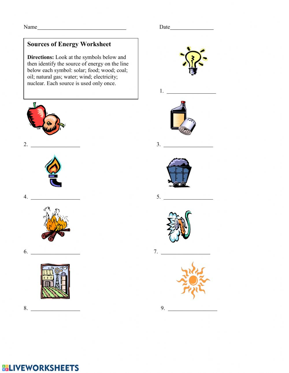 Energy Types Worksheet