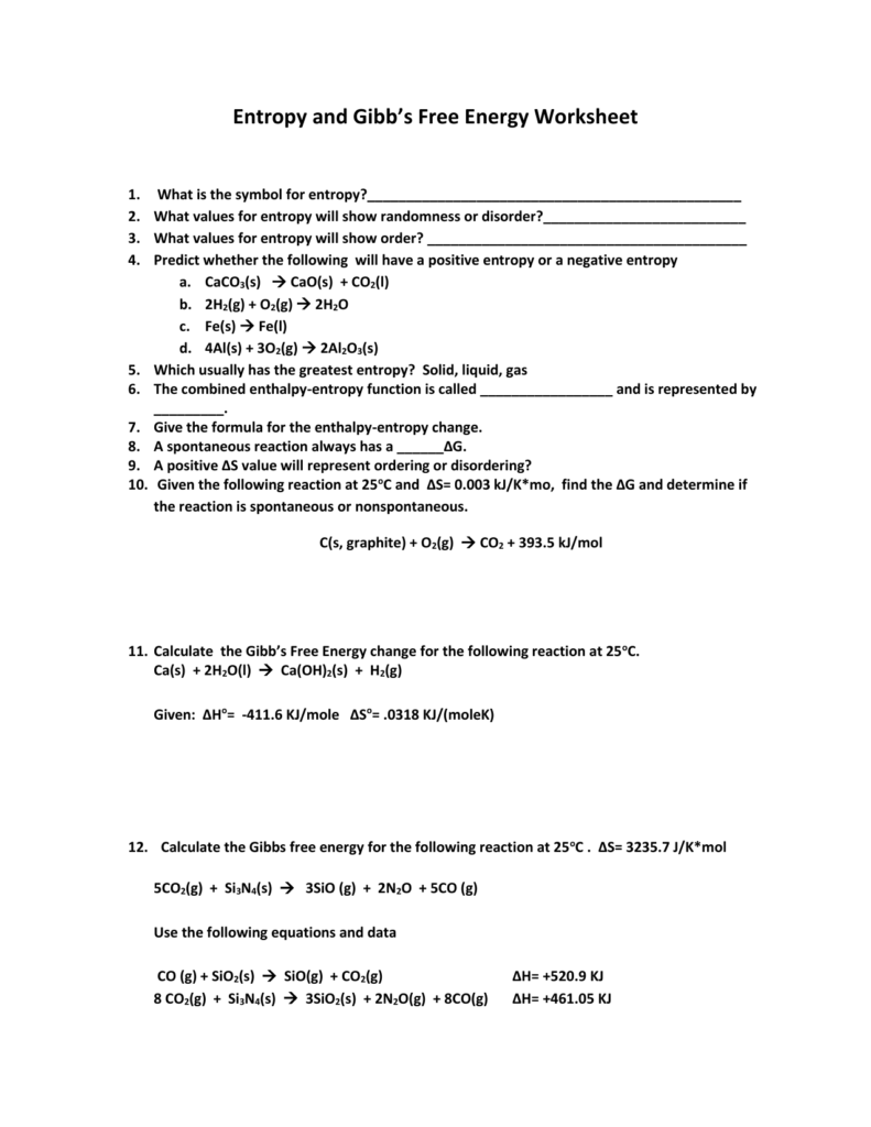 Entropy And Gibb s Free Energy Worksheet