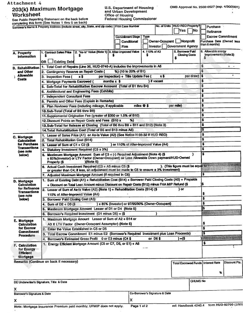 Form Hud 92700 203 K Maximum Mortgage Worksheet Printable Pdf Download