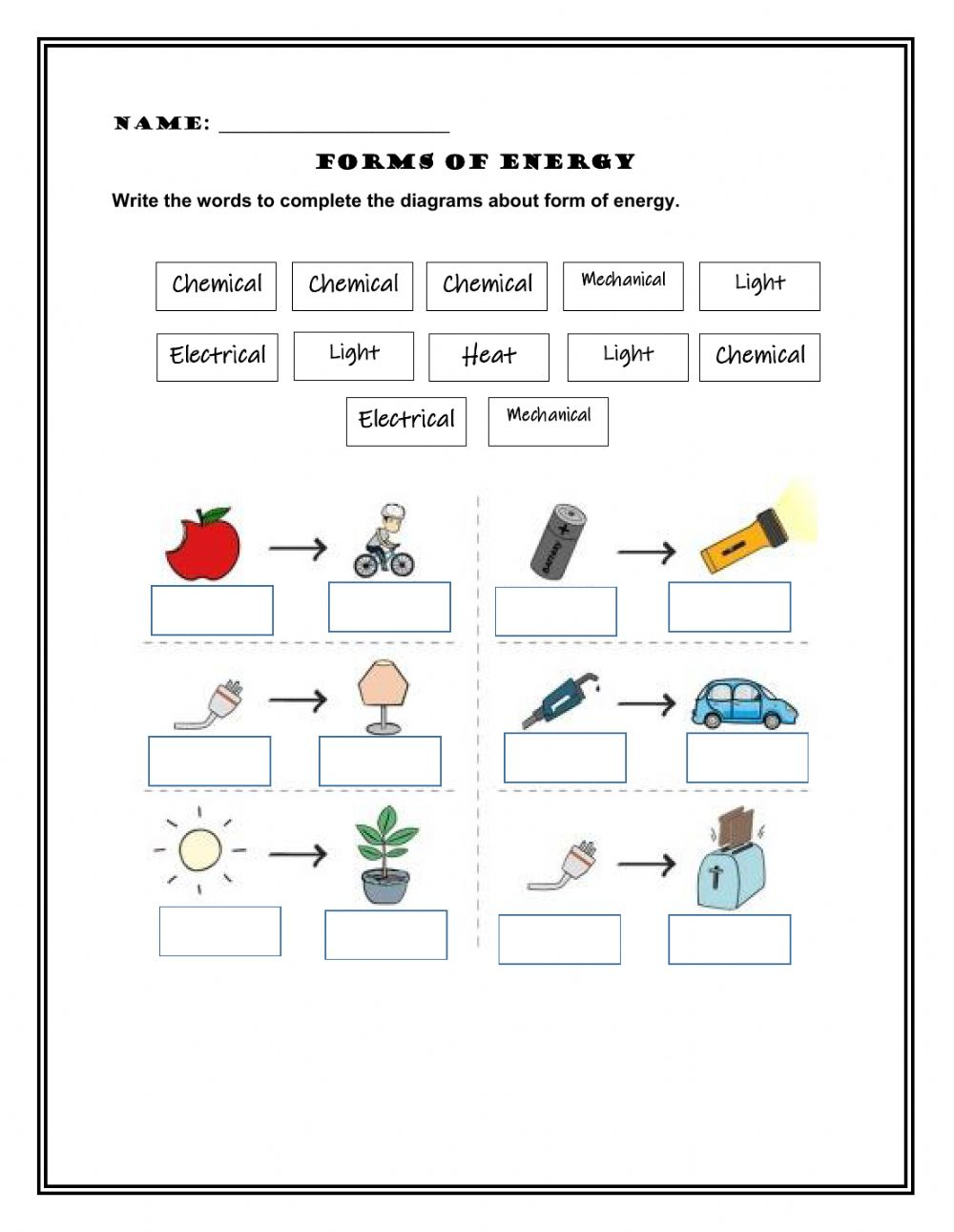 Forms Of Energy Activity For 4th