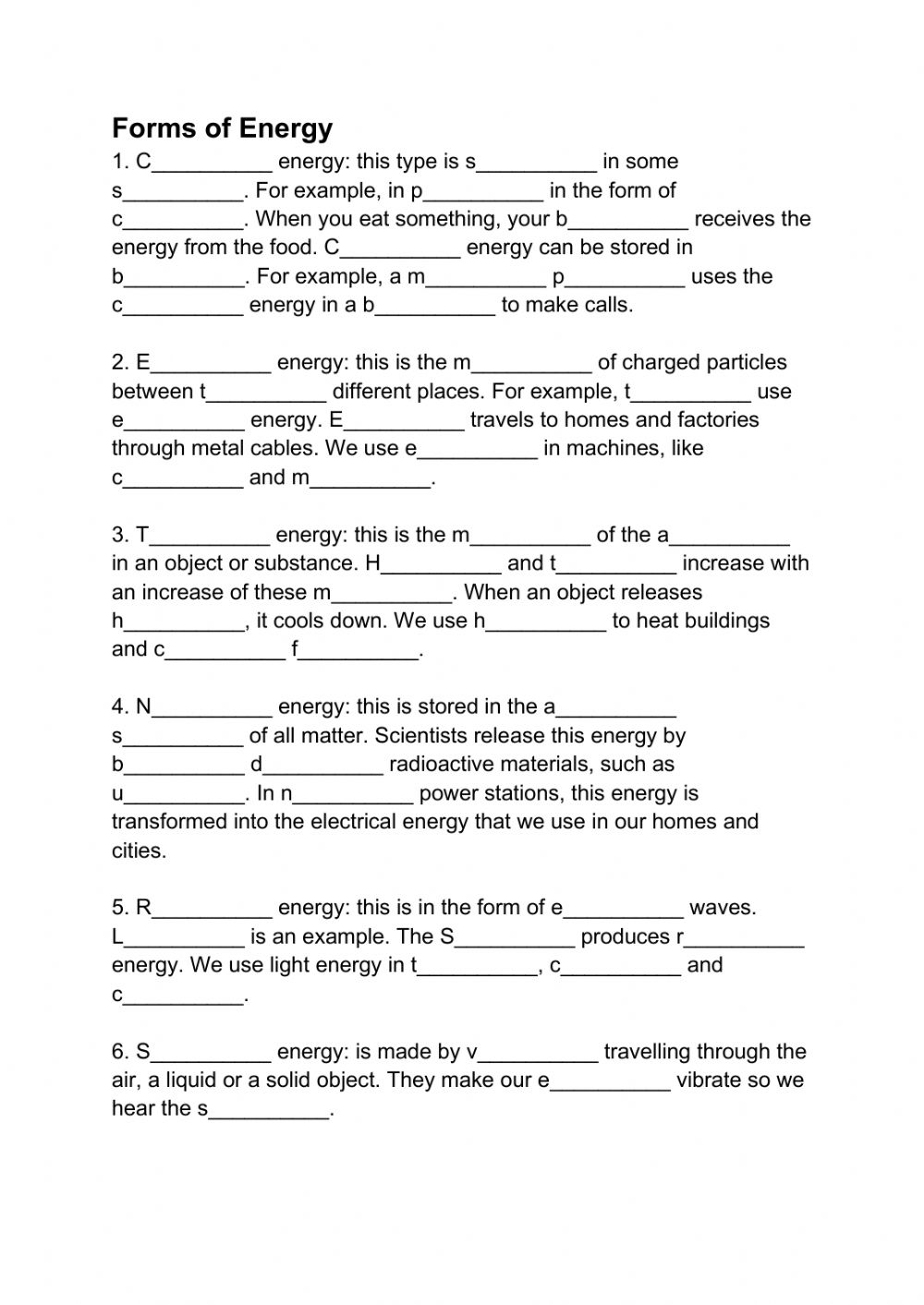 Forms Of Energy Worksheet Answers