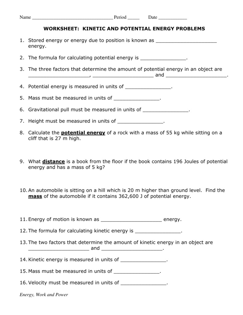 Free Printable Worksheets On Potential And Kinetic Energy Free 