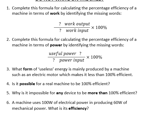 GCSE Efficiency Questions With Model Answers Teaching Resources