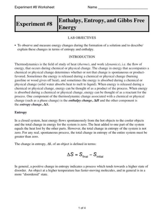  Get Answer Experiment 8 Worksheet Name Enthalpy Entropy And 