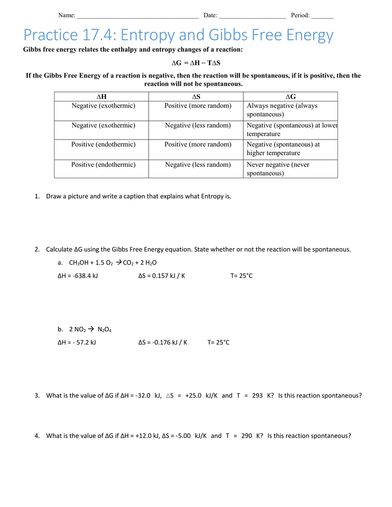 Gibbs Free Energy Worksheet Answer Key Worksheet