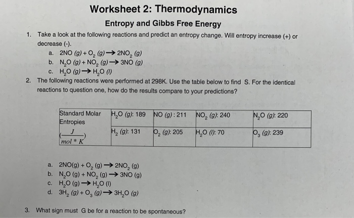 Gibbs Free Energy Worksheet Answer Key Worksheet