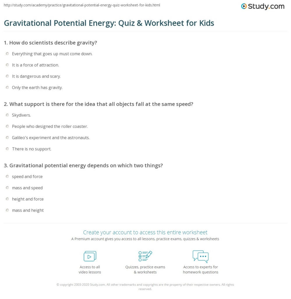 Gravitational Potential Energy Quiz Worksheet For Kids Study