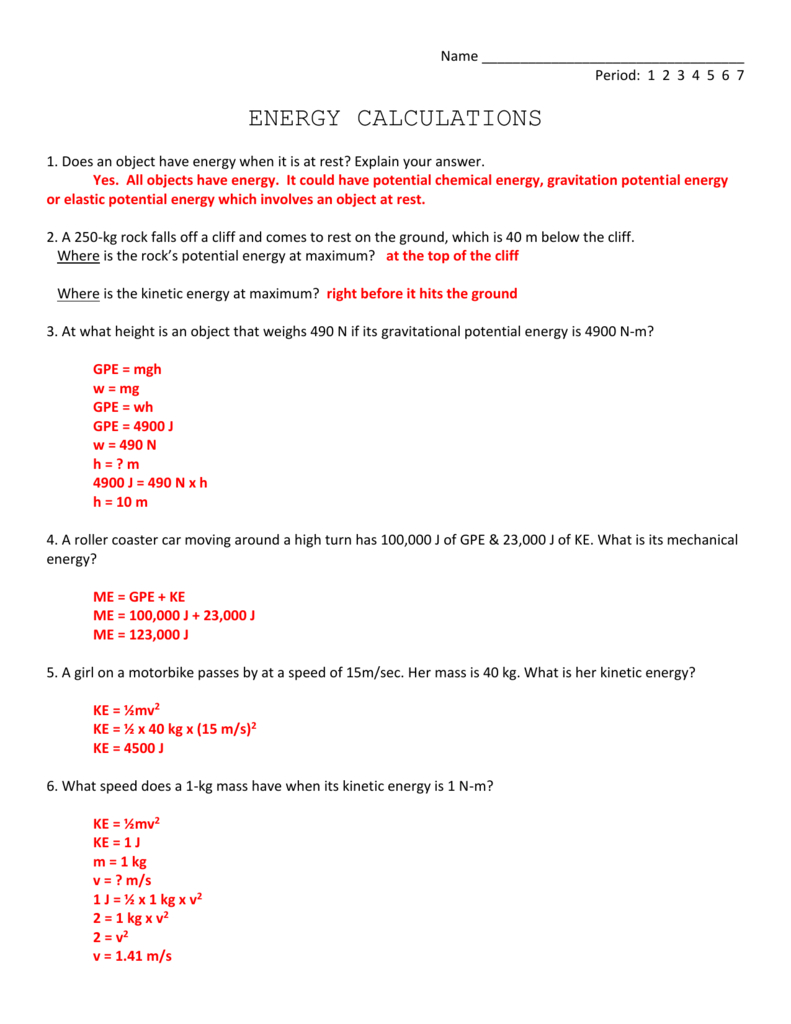 Gravitational Potential Energy Worksheet With Answers Excelguider