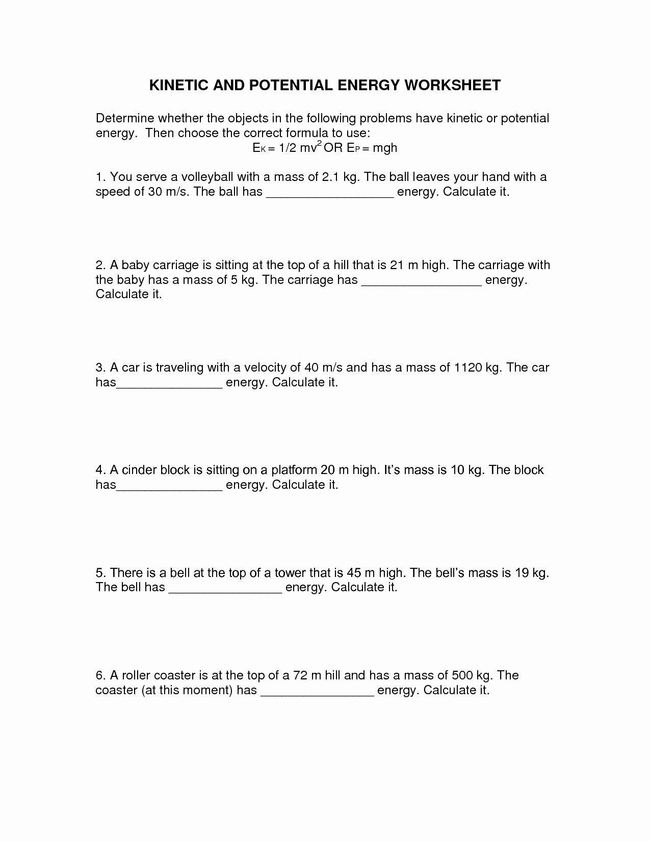 Gravitational Potential Energy Worksheet With Answers