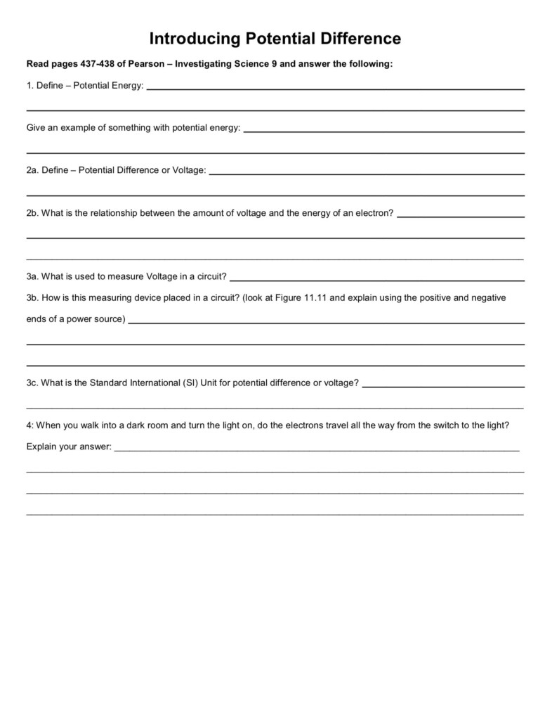 Introducing Potential Difference Current Resistance Worksheet 