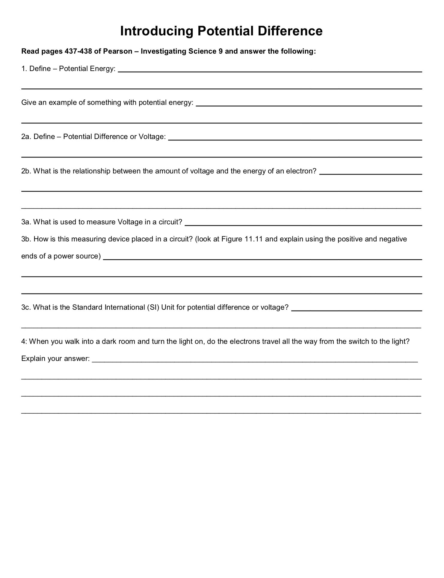 Introducing Potential Difference Current Resistance Worksheet 