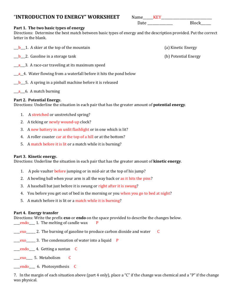 Introduction To Energy Worksheet Answer Key Db excel